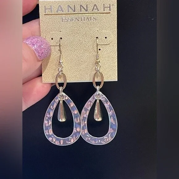Hannah essentials 2 tone silver gold tear drop earrings 2 3/4 inch - Picture 2 of 7